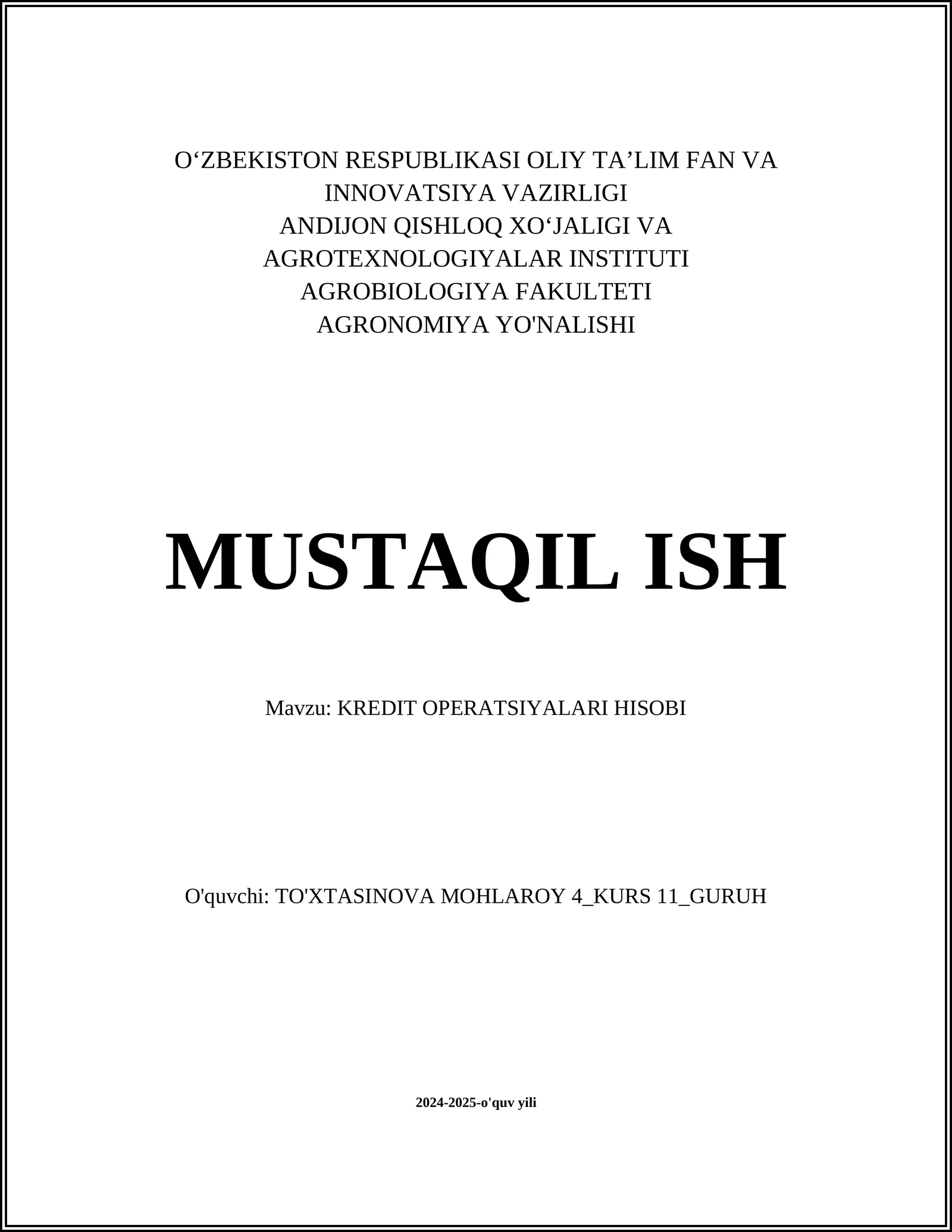 KREDIT OPERATSIYALARI HISOBI