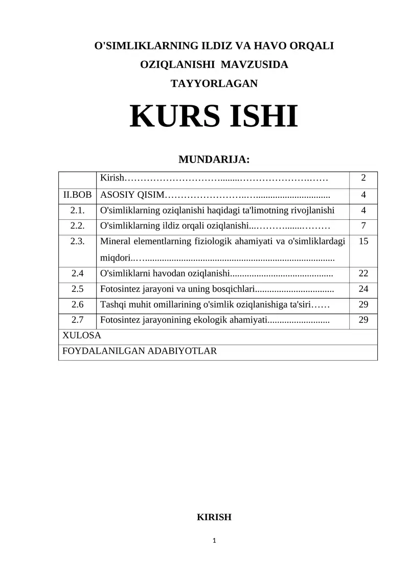 O'SIMLIKLARNING ILDIZ VA HAVO ORQALI OZIQLANISHI