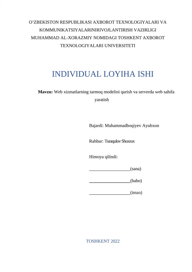 Web xizmatlarning tarmoq modelini qurish va serverda web sahifa yaratish
