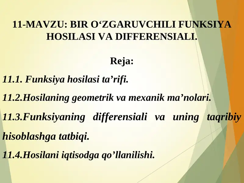 BIR О‘ZGARUVCHILI FUNKSIYA HOSILASI VA DIFFERENSIALI