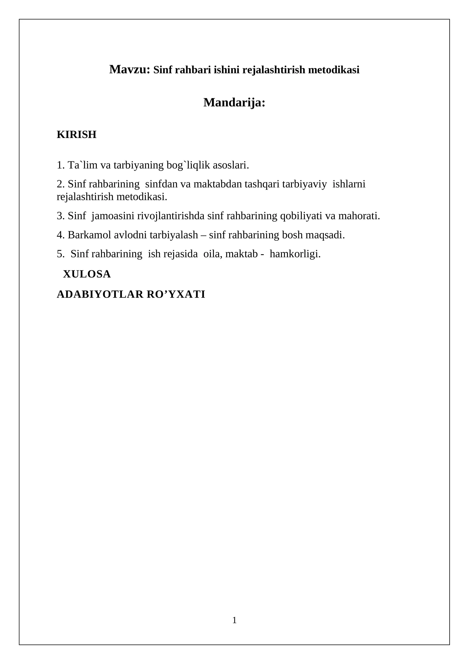 Sinf rahbari ishini rejalashtirish metodikasi