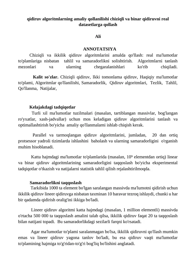 Chiziqli va ikkilik qidiruv algoritmlarini amalda qo'llash