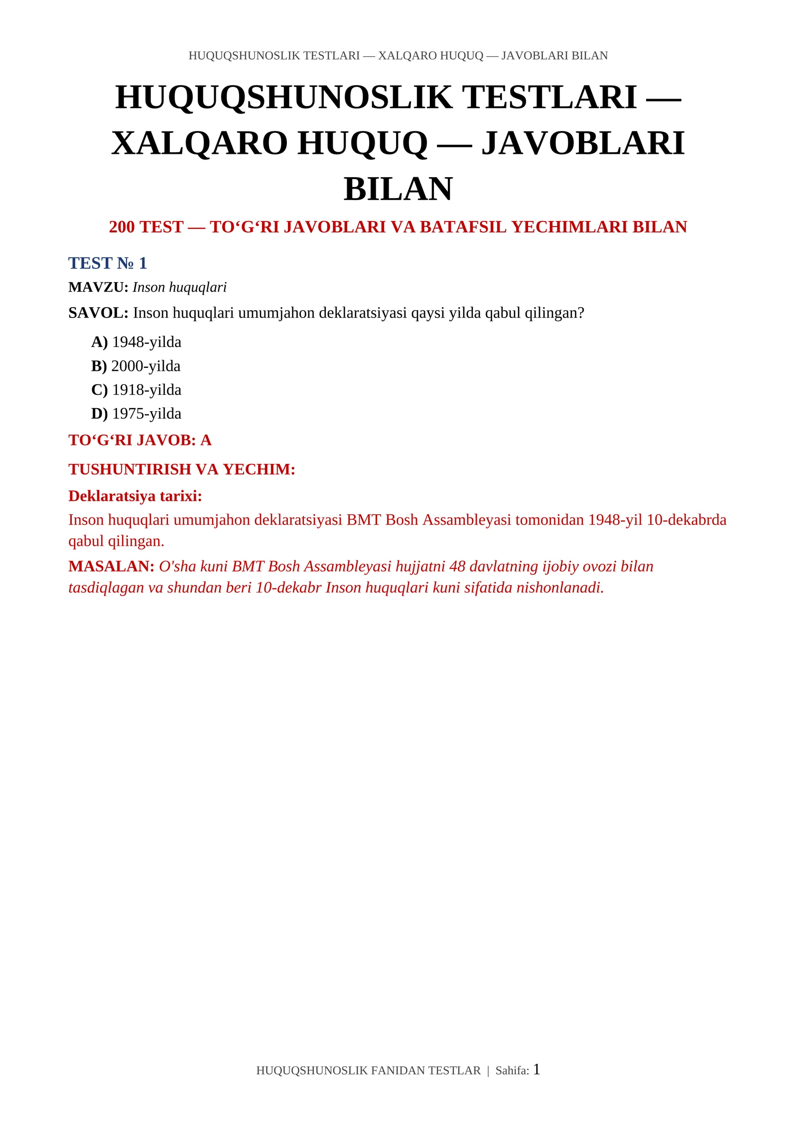 HUQUQSHUNOSLIK TESTLARI — XALQARO HUQUQ — JAVOBLARI BILAN