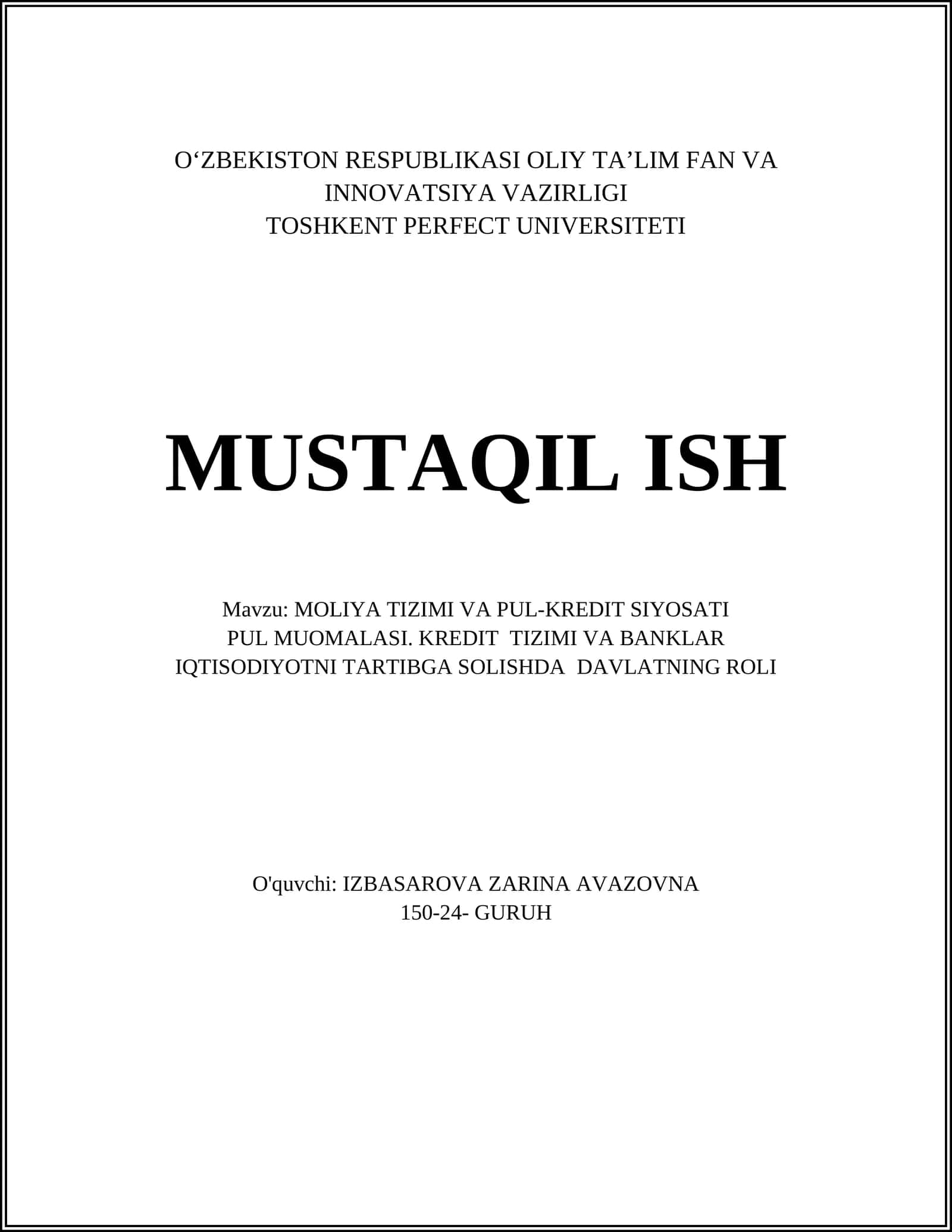 Moliya tizimi va pul-kredit siyosati