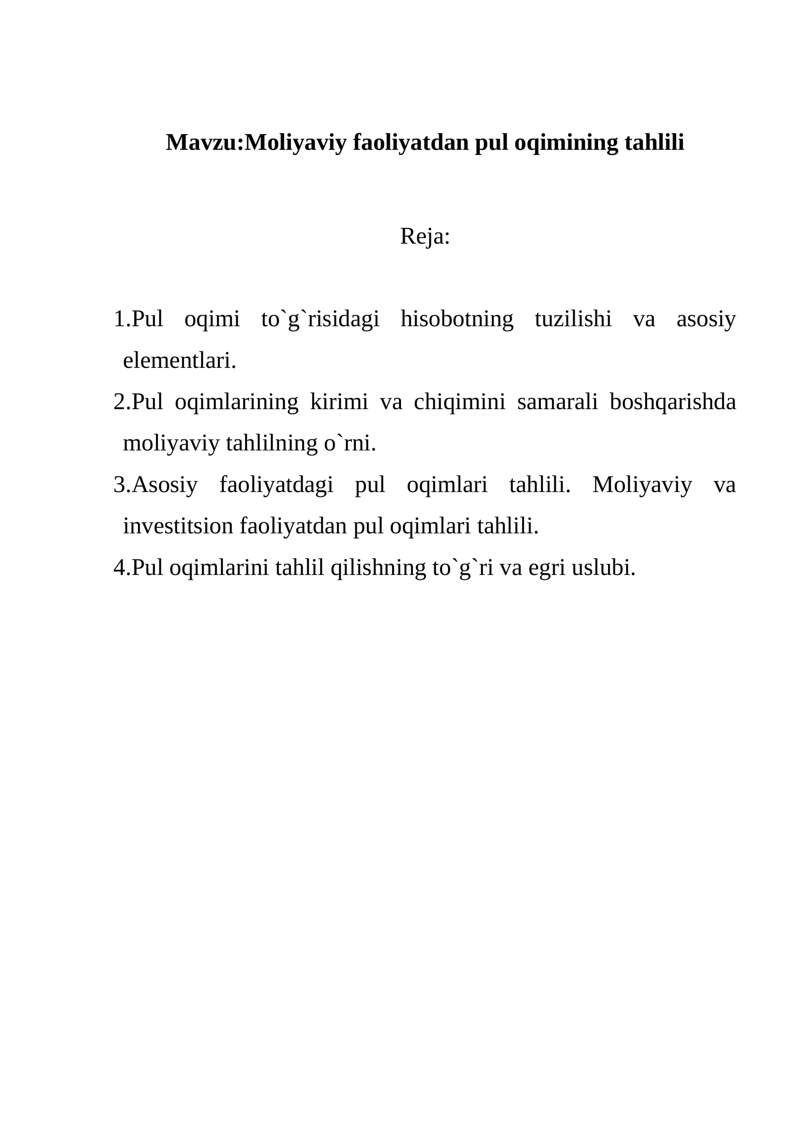 Moliyaviy faoliyatdan pul oqimining tahlili
