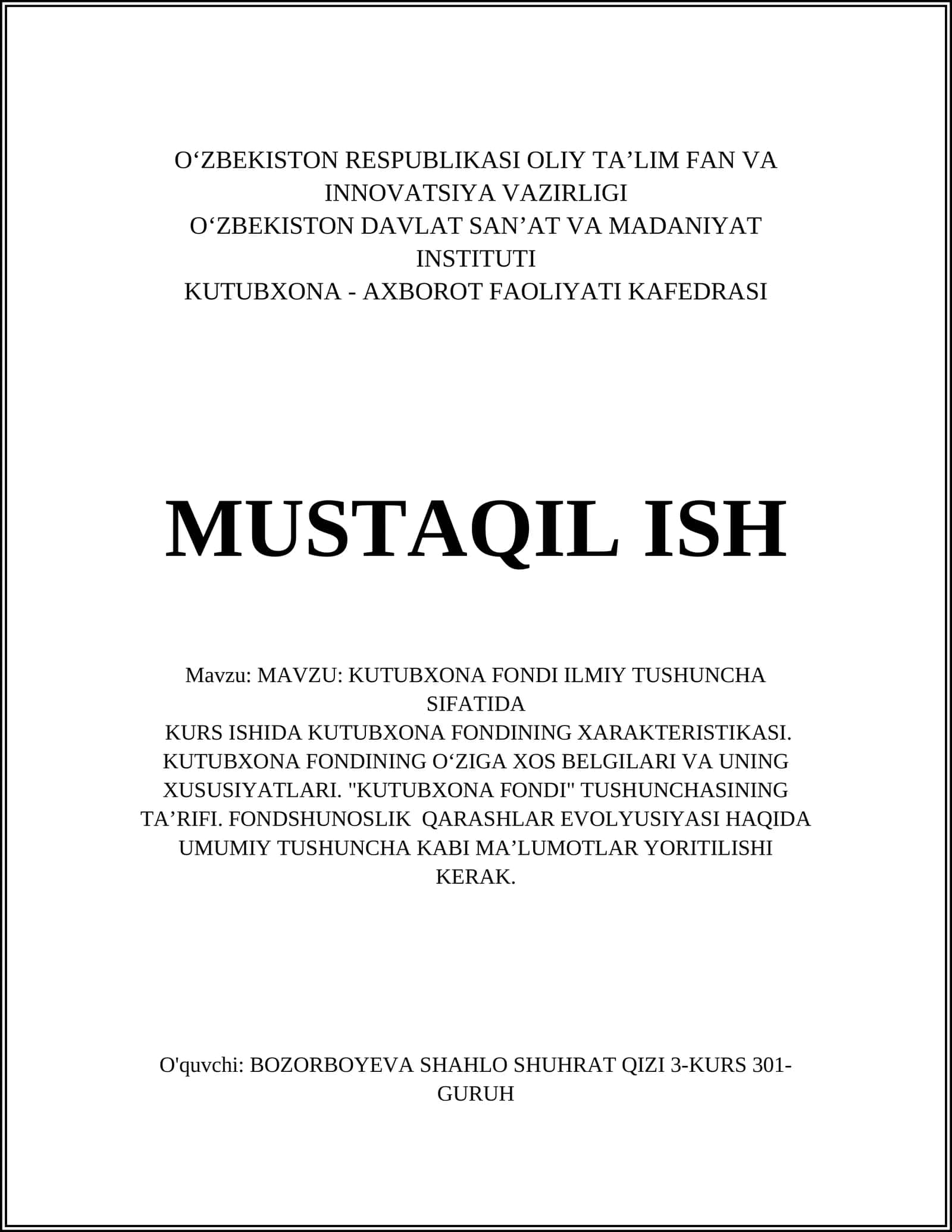 KUTUBXONA FONDI ILMIY TUSHUNCHA SIFATIDA