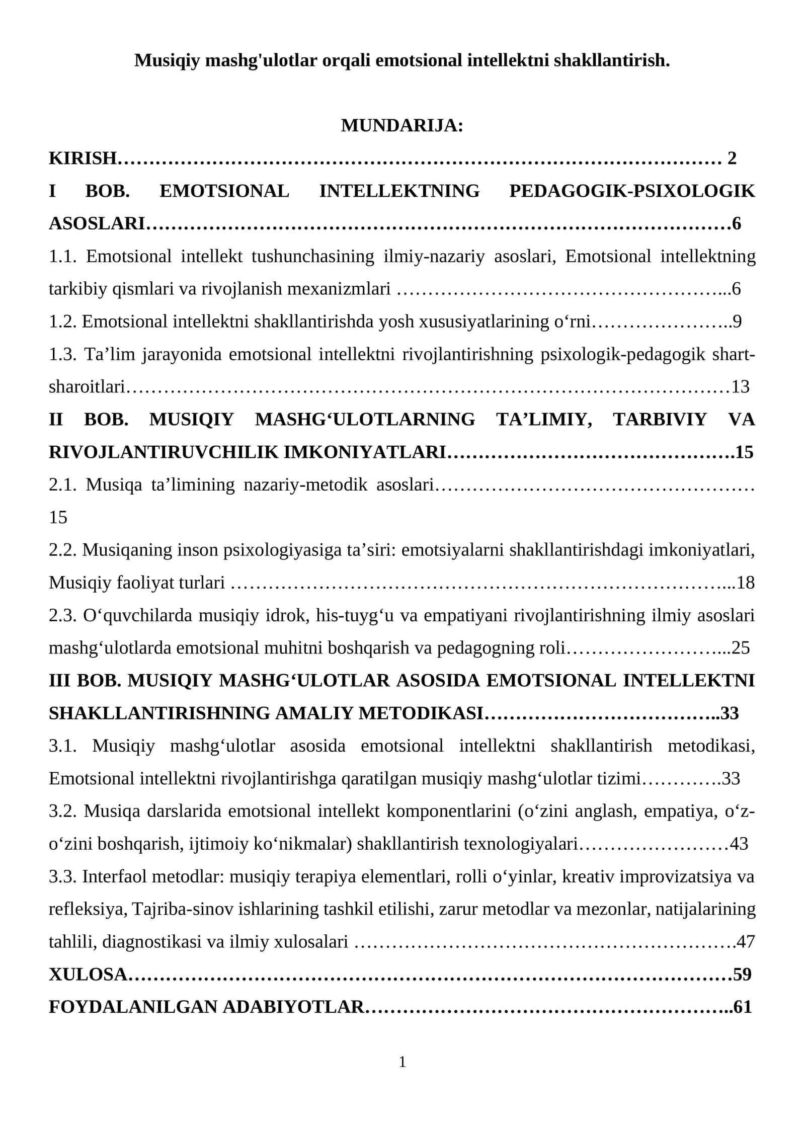 Musiqiy mashg`ulotlar orqali emotsional intellektni shakllantirish.
