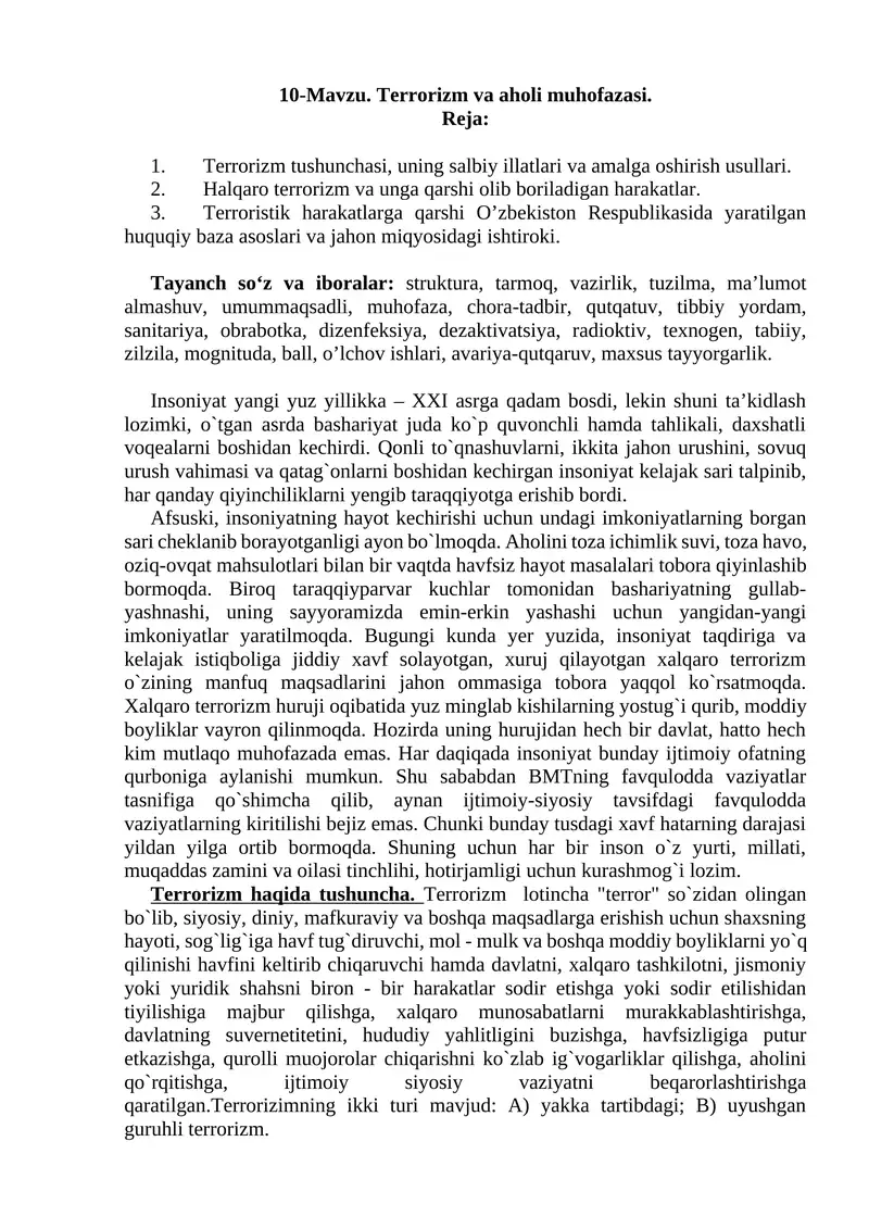 10-Mavzu. Terrorizm va aholi muhofazasi