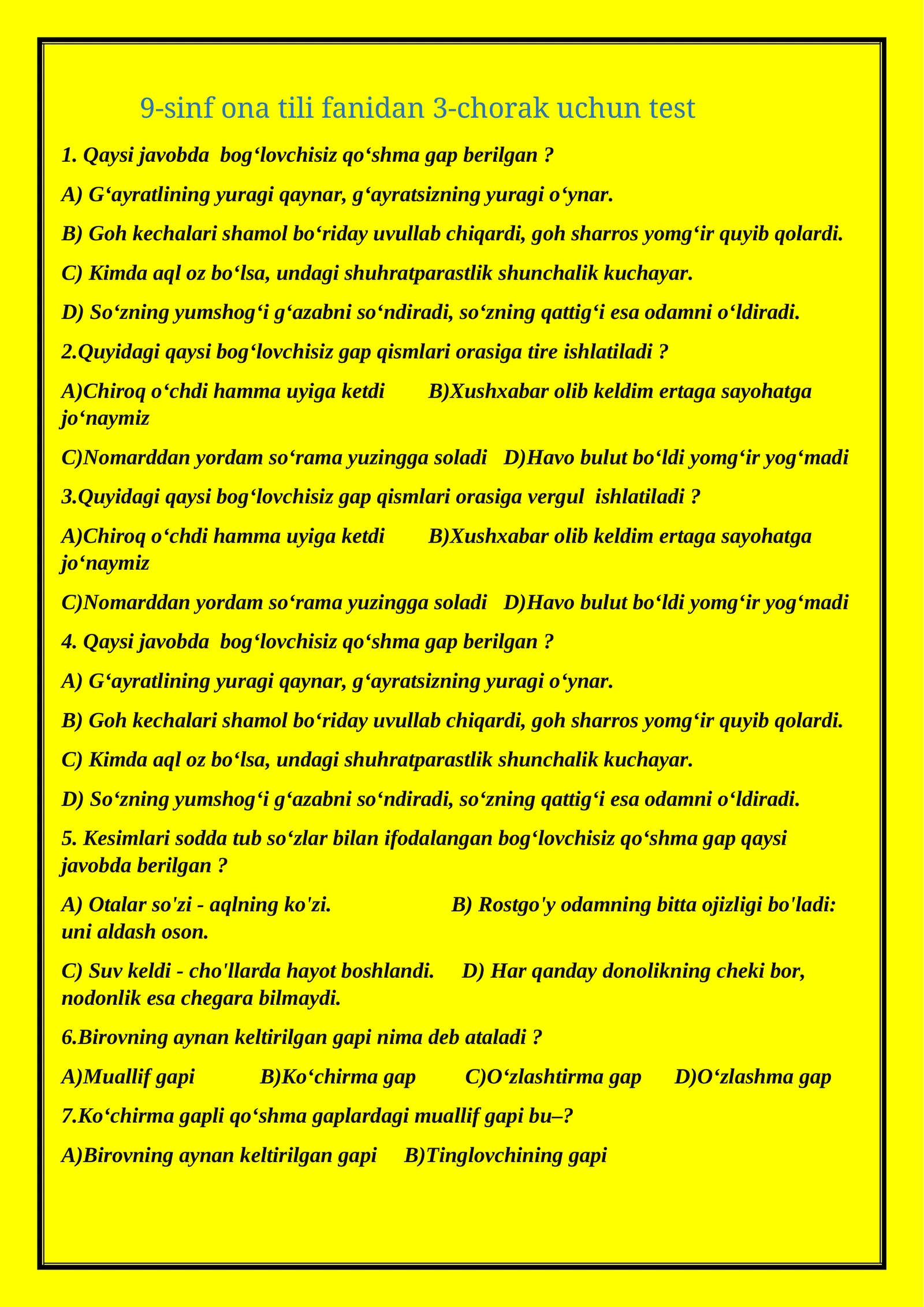 9-sinf ona tili fanidan 3-chorak uchun test