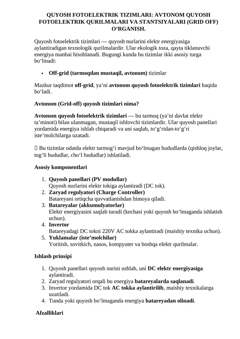 AVTONOM QUYOSH FOTOELEKTRIK QURILMALARI VA STANTSIYALARI (GRID OFF) O‘RGANISH