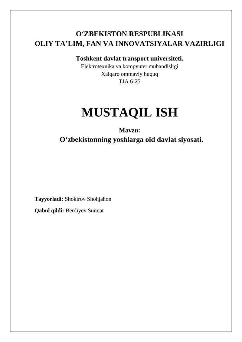 O'zbekistonning yoshlarga oid davlat siyosati