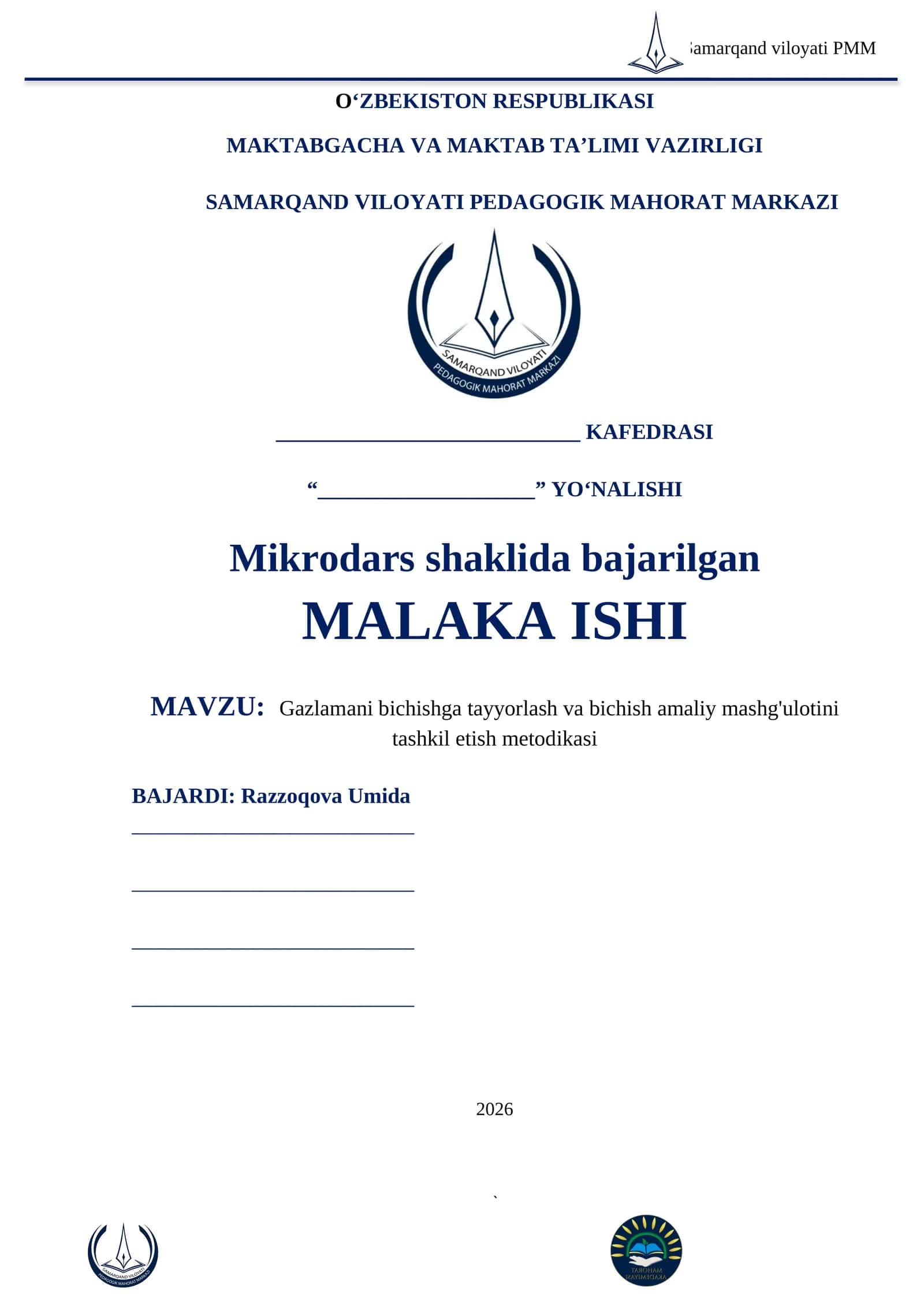 Gazlamani bichishga tayyorlash va bichish amaliy mashg'ulotini tashkil etish metodikasi