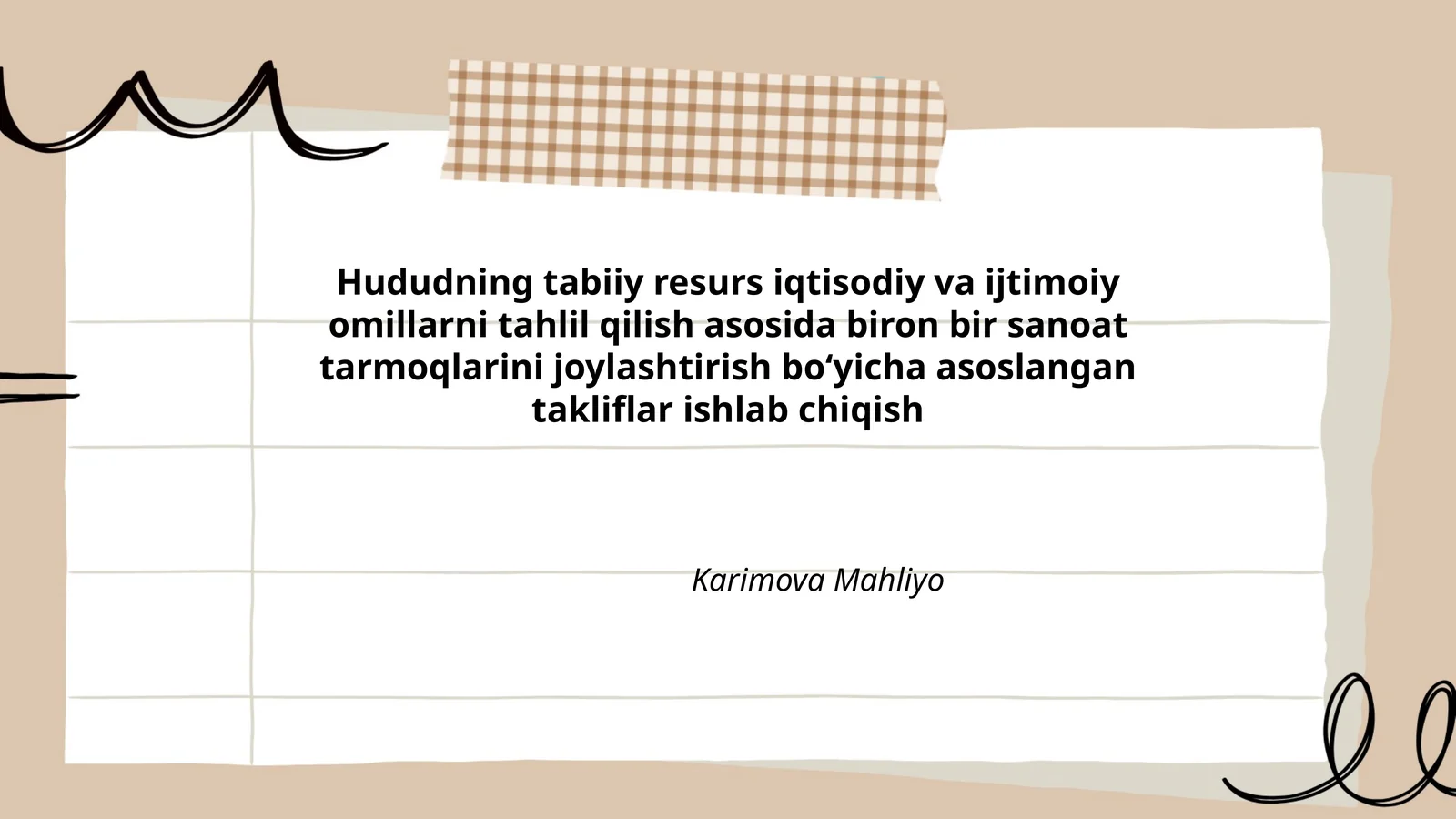 Hududning tabiiy resurs iqtisodiy va ijtimoiy omillarni tahlil qilish asosida biron bir sanoat tarmoqlarini joylashtirish boʻyicha asoslangan takliflar