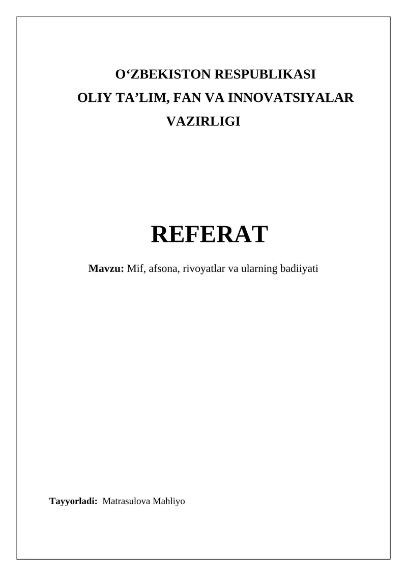 Referat on Mif, Afsona, Rivoyatlar