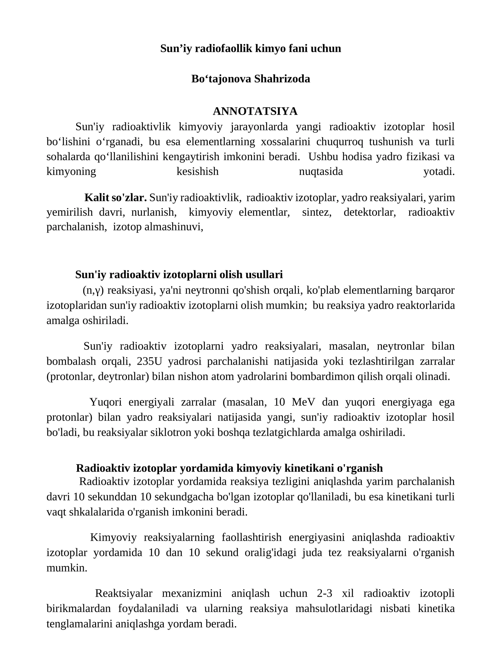 Sunʼiy radiofaollik kimyo fani uchun