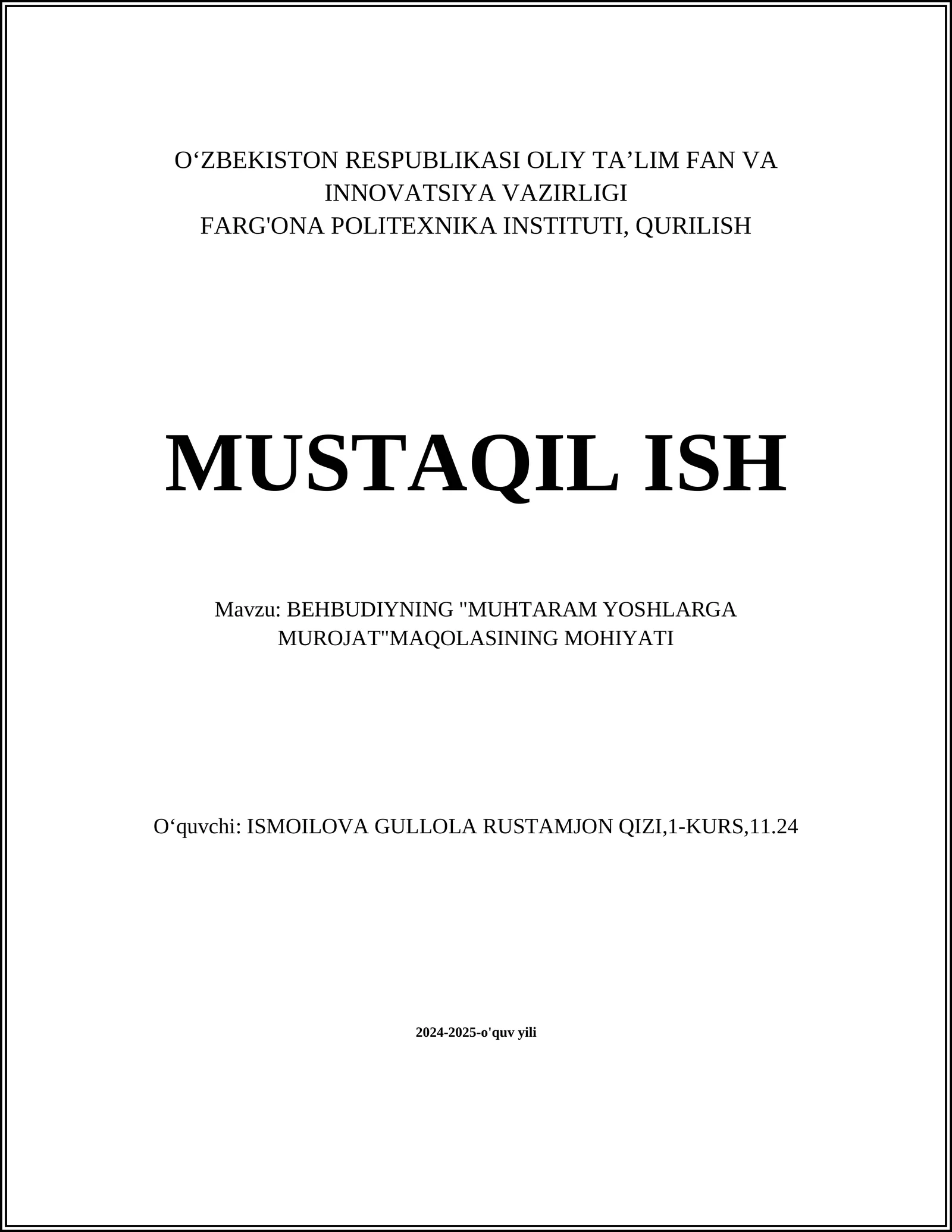 BEHBUDIYNING "MUHTARAM YOSHLARGA MUROJAT"MAQOLASINING MOHIYATI