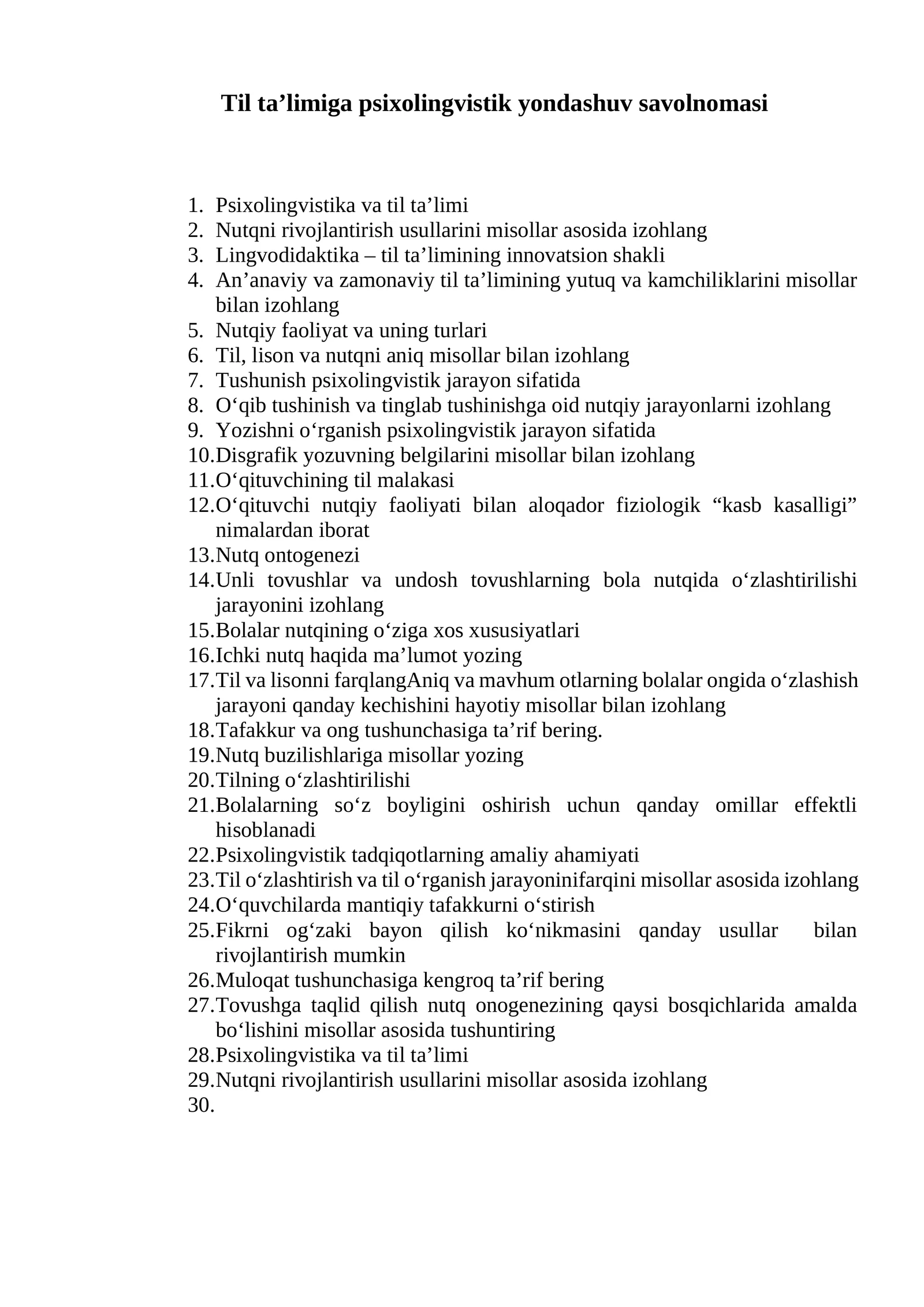 Til ta’limiga psixolingvistik yondashuv savolnomasi