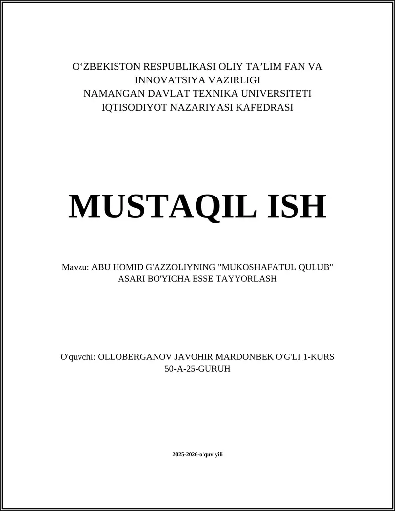 Abu Homid G'azzoliyning "Mukoshafatul Qulub" Asari
