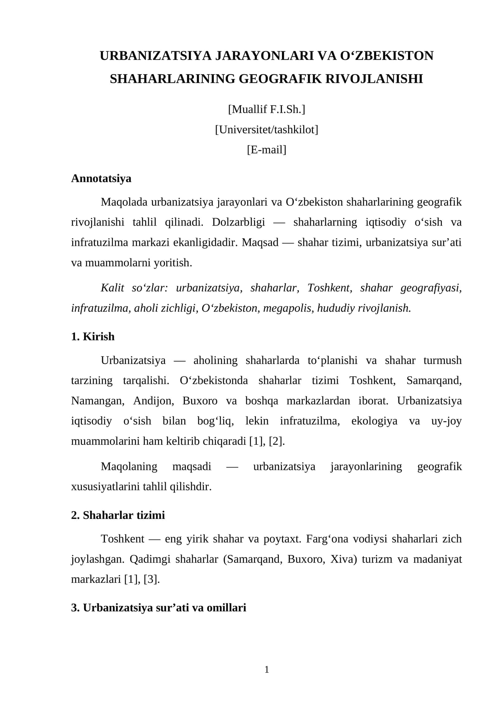URBANIZATSIYA JARAYONLARI VA O'ZBEKISTON SHAHARLARINING GEOGRAFIK RIVOJLANISHI