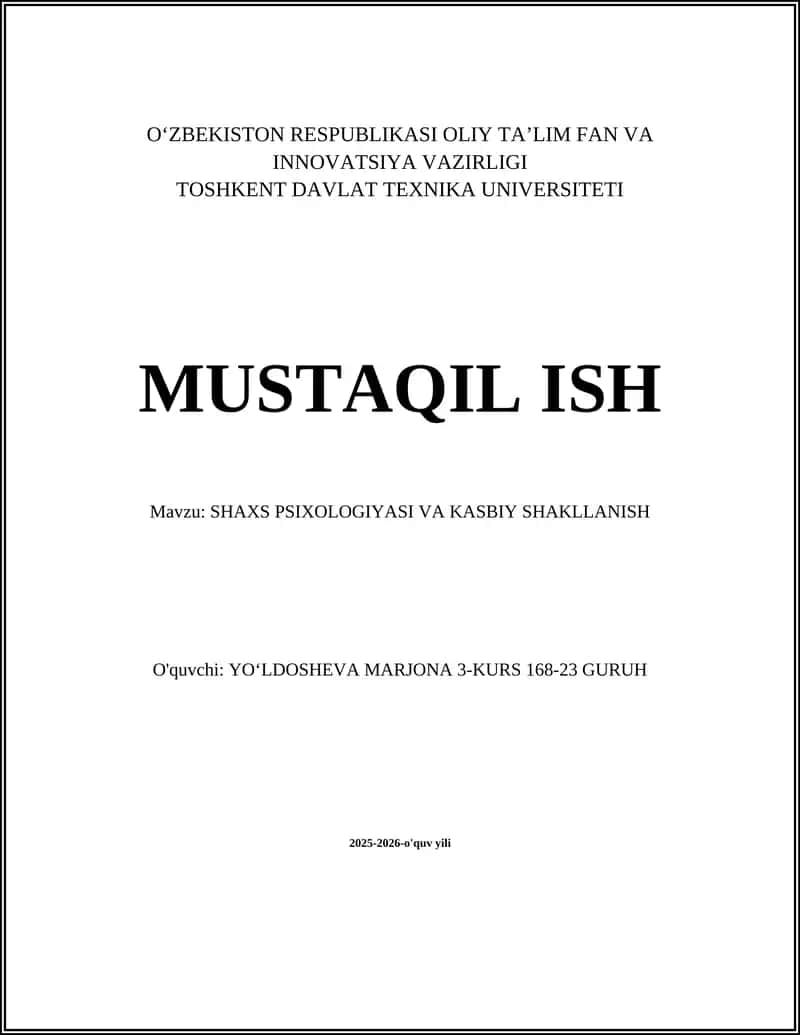 SHAXS PSIXOLOGIYASI VA KASBIY SHAKLLANISH