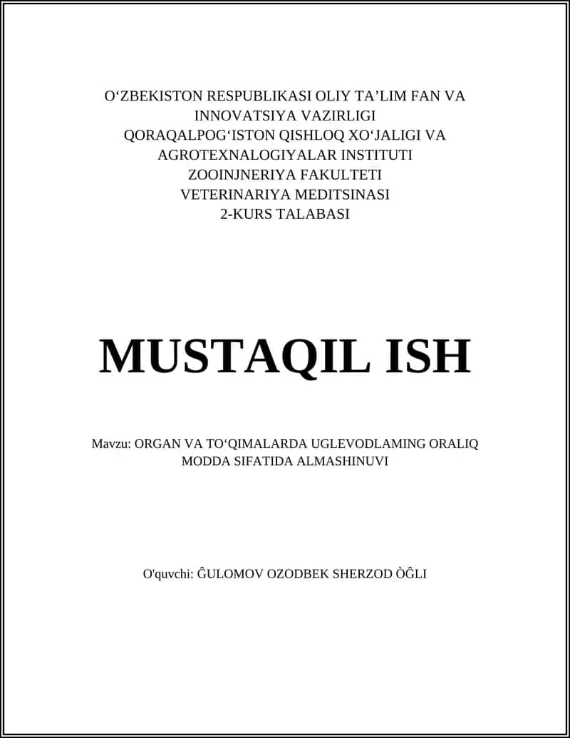 ORGAN VA TO‘QIMALARDA UGLEVODLAMING ORALIQ MODDA SIFATIDA ALMASHINUVI