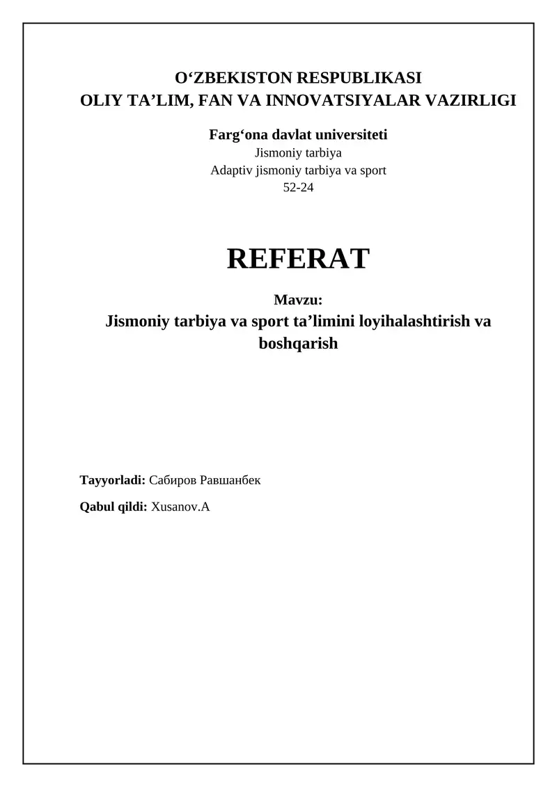 Jismoniy tarbiya va sport ta’limining asosiy elementlari