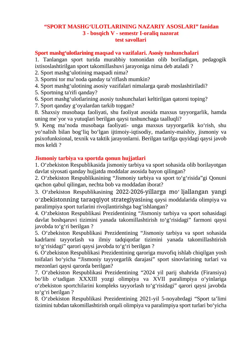 SPORT MASHGʻULOTLARINING NAZARIY ASOSLARI