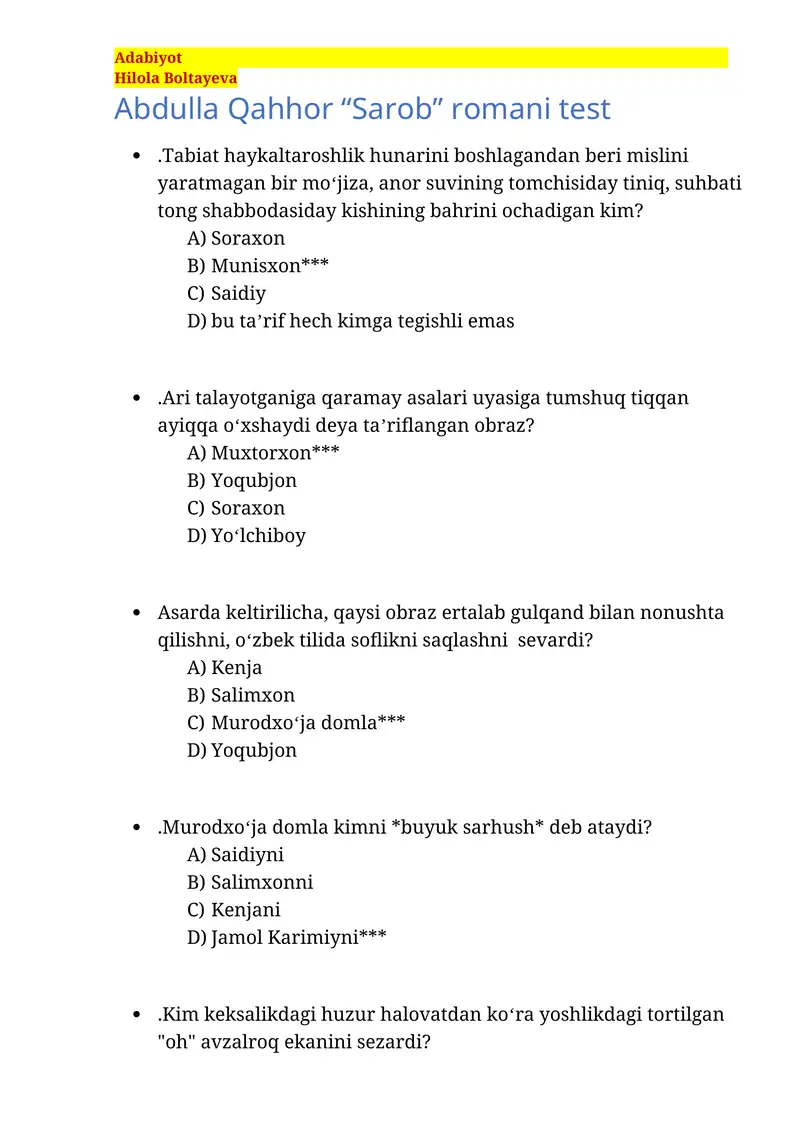 Abdulla Qahhor “Sarob” romani test