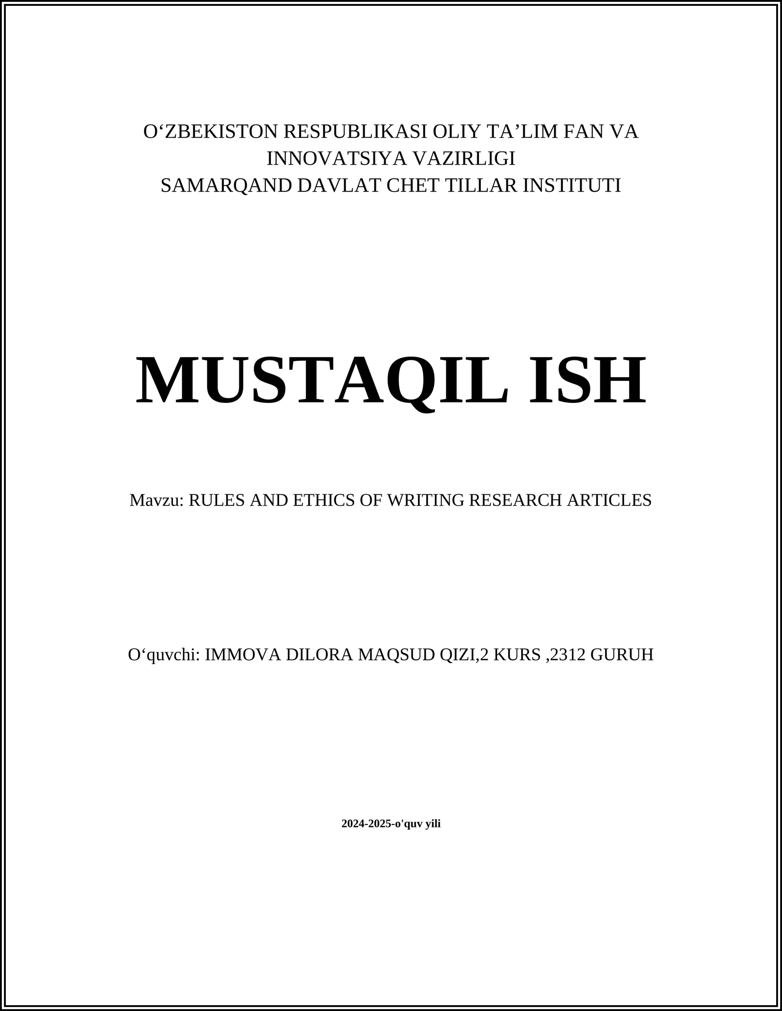 RULES AND ETHICS OF WRITING RESEARCH ARTICLES