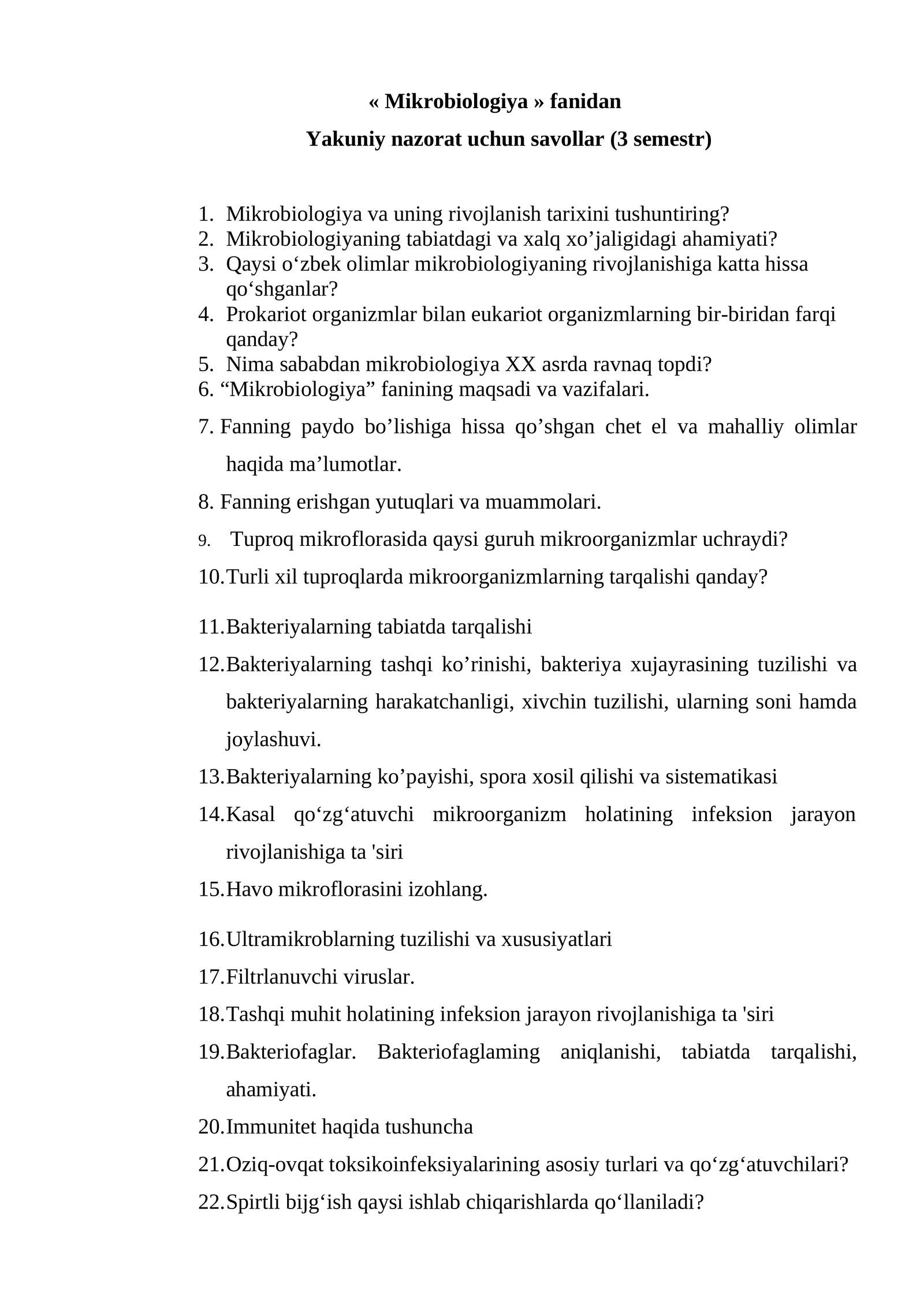 Mikrobiologiya savollari va javoblari