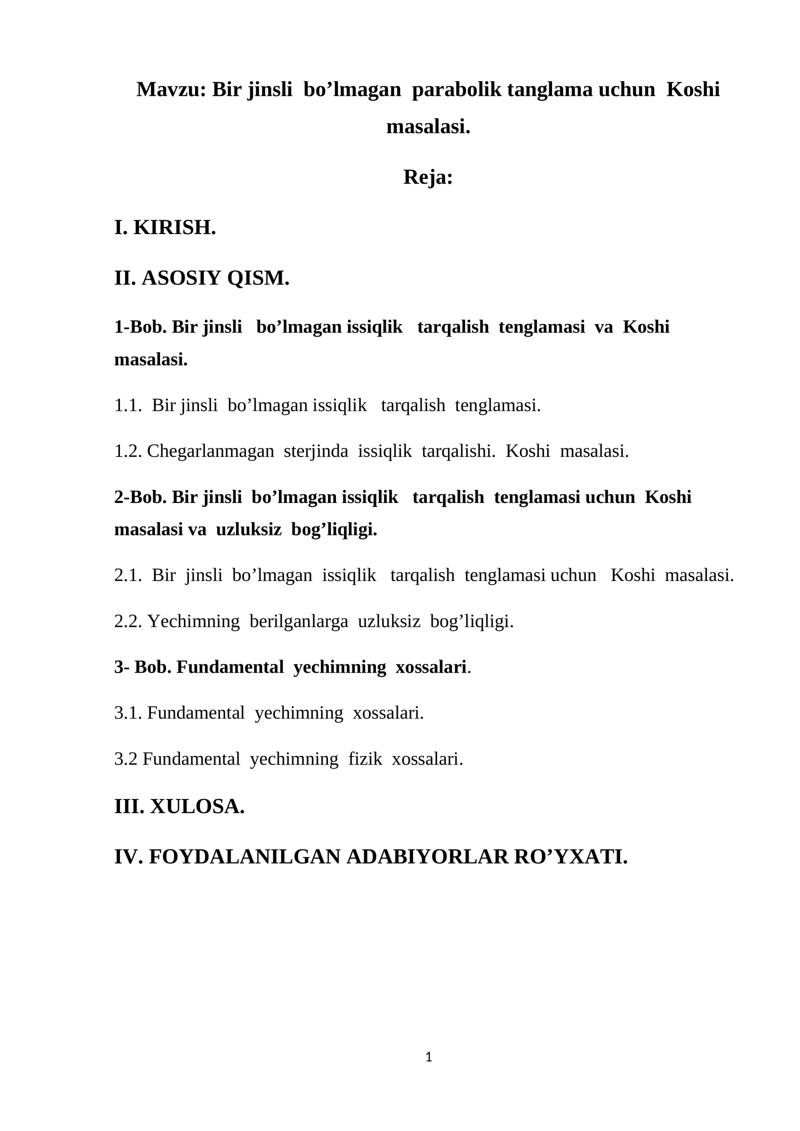 Bir jinsli bo’lmagan parabolik tanglama uchun Koshi masalasi