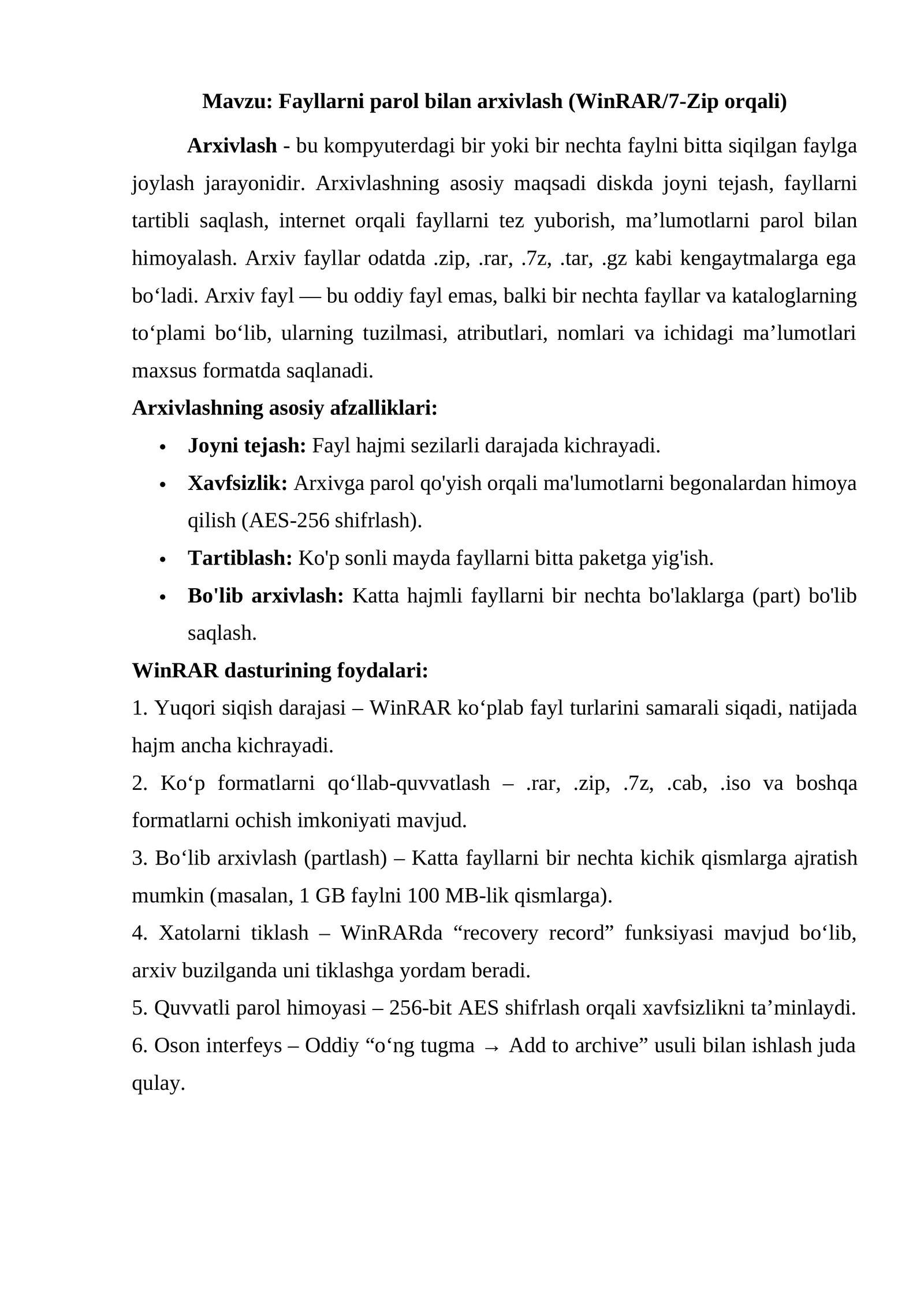 Fayllarni parol bilan arxivlash (WinRAR/7-Zip orqali)