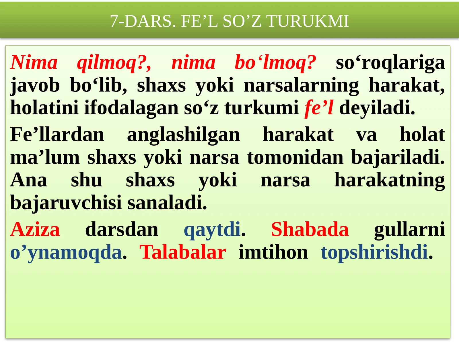 7-DARS. FE’L SO’Z TURUKMI
