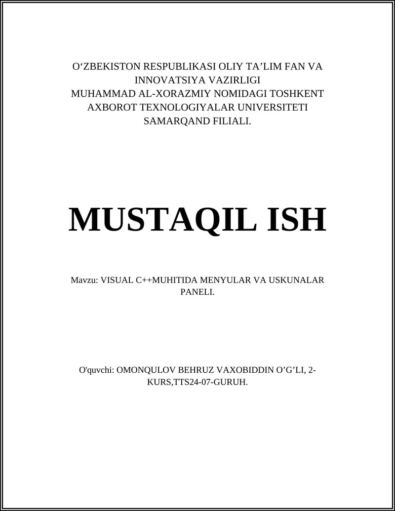 VISUAL C++MUHITIDA MENYULAR VA USKUNALAR PANELI