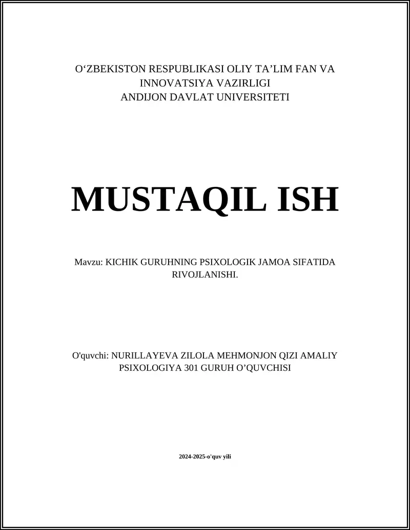 KICHIK GURUHNING PSIXOLOGIK JAMOA SIFATIDA RIVOJLANISHI