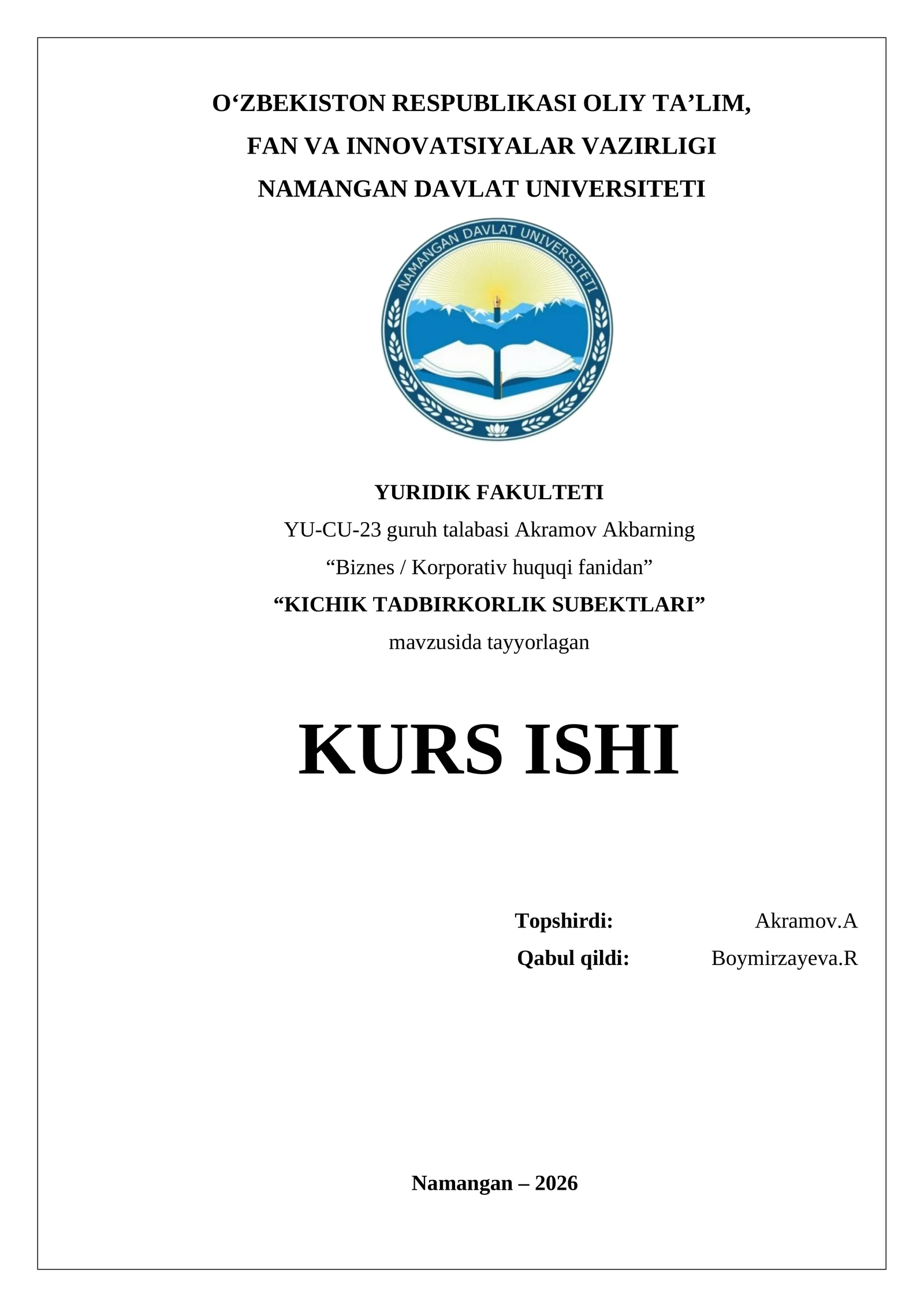 KICHIK TADBIRKORLIK SUBYEKTLARI