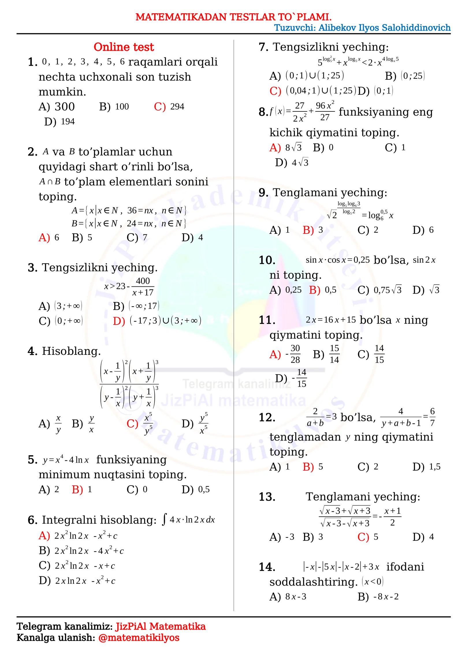 Matematikadan testlar