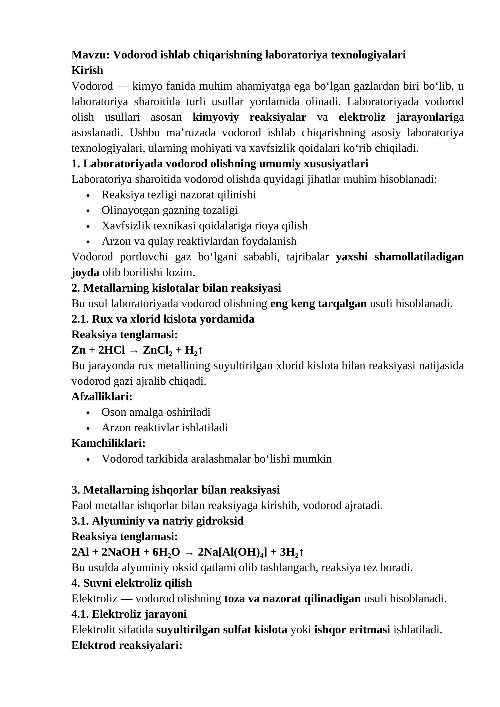 Vodorod ishlab chiqarishning laboratoriya texnologiyalari