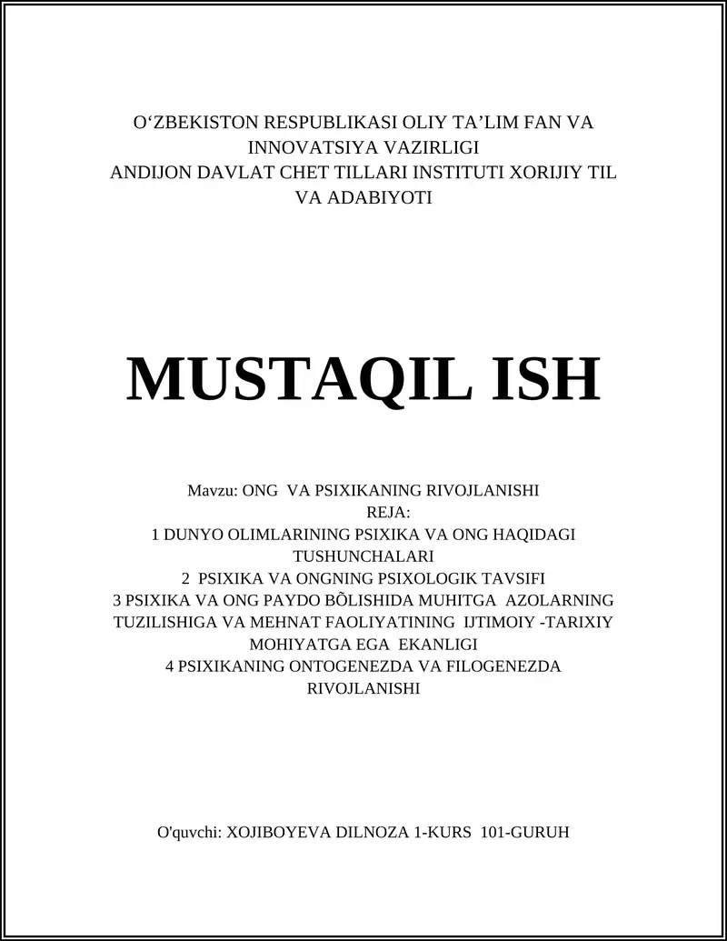 ONG VA PSIXIKANING RIVOJLANISHI