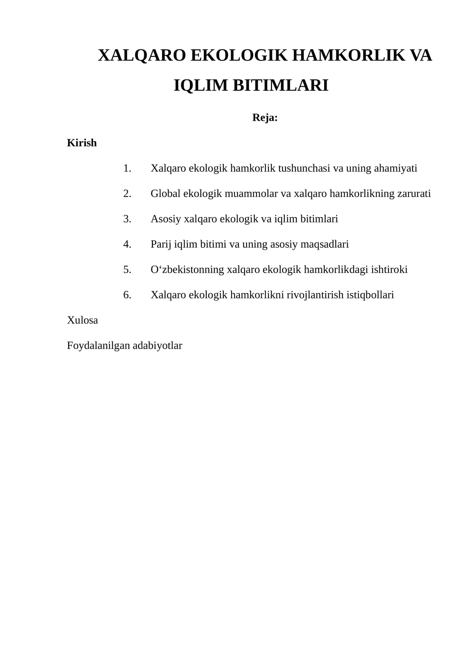 XALQARO EKOLOGIK HAMKORLIK VA IQLIM BITIMLARI