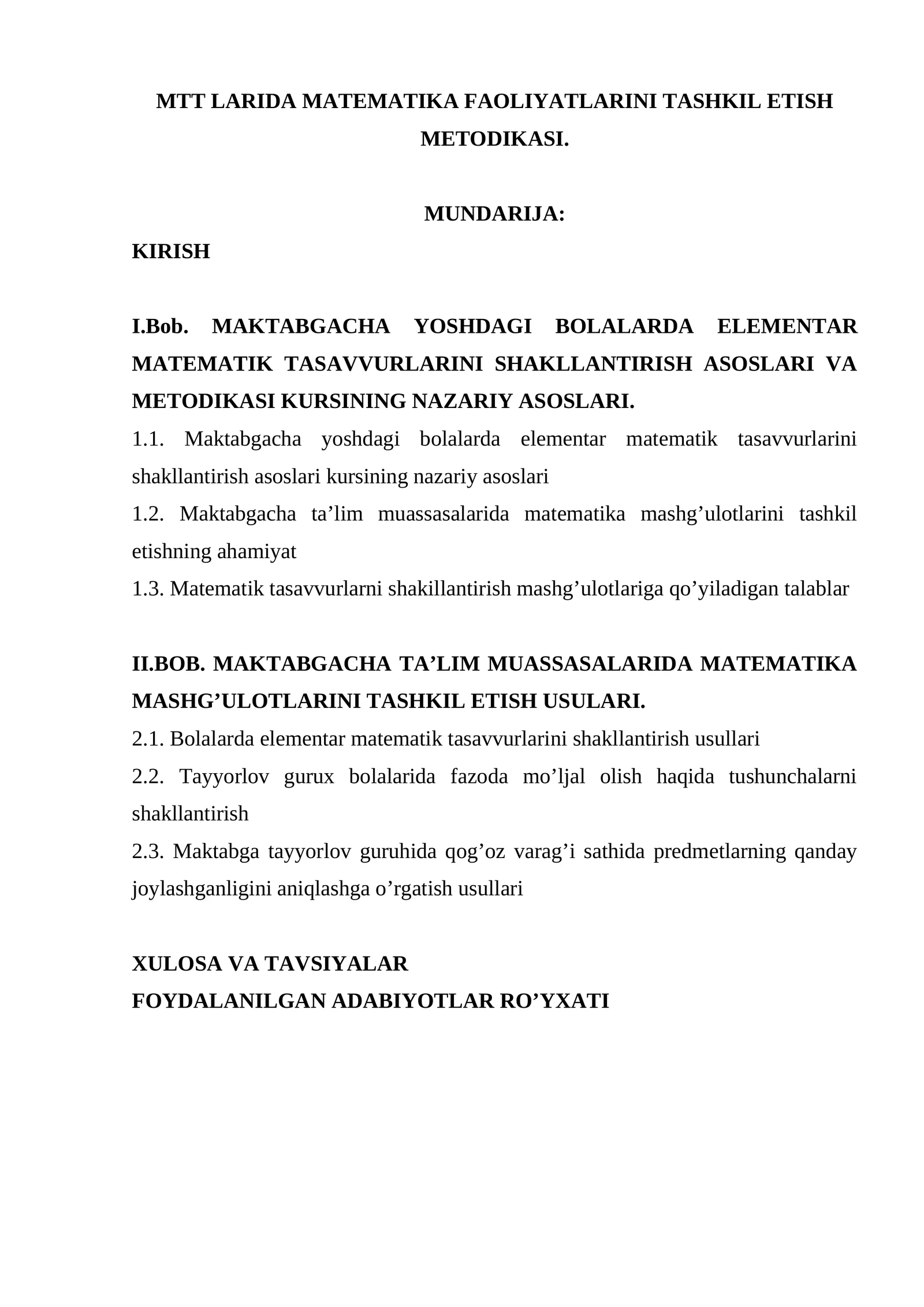 MTT LARIDA MATEMATIKA FAOLIYATLARINI TASHKIL ETISH METODIKASI