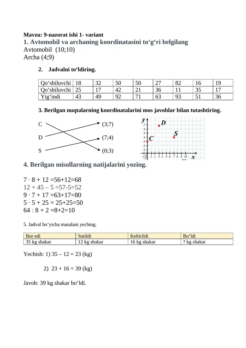 2- sinf matematika Mavzu: 9-nazorat ishi