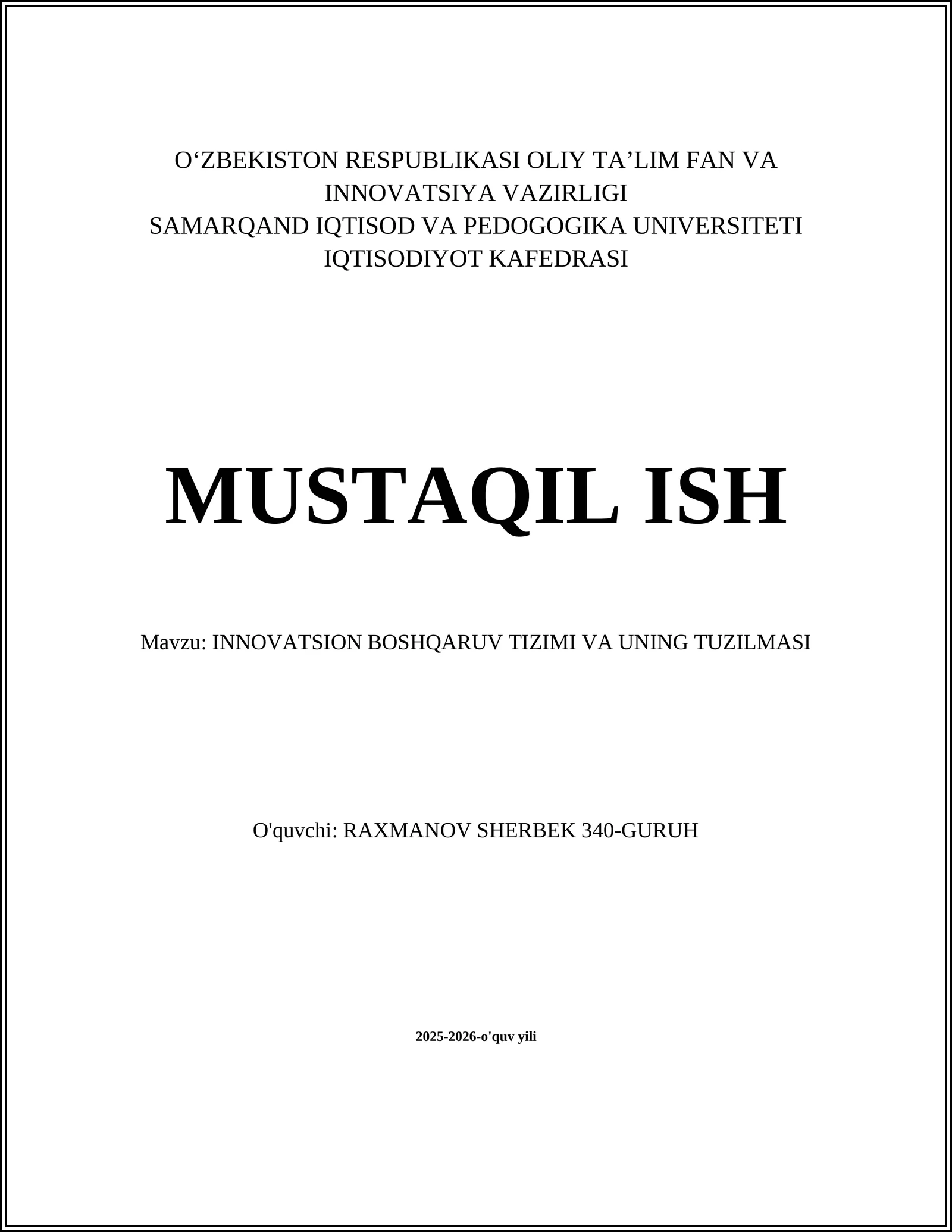 INNOVATSION BOSHQARUV TIZIMI VA UNING TUZILMASI