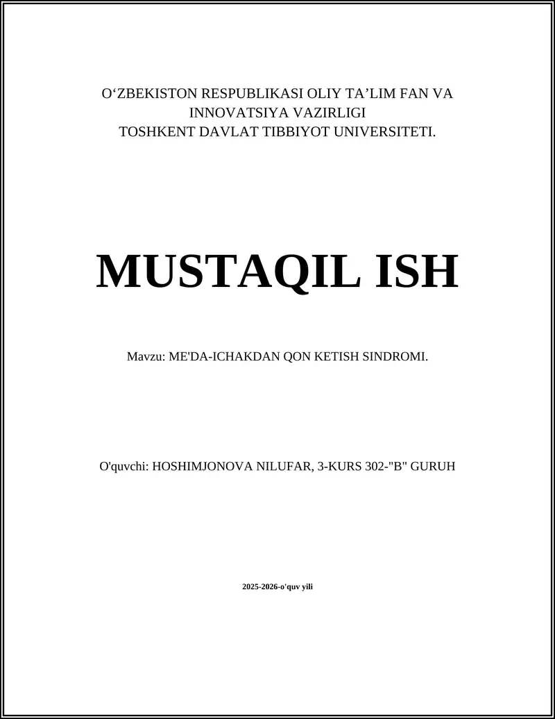 ME'DA-ICHAKDAN QON KETISH SINDROMI