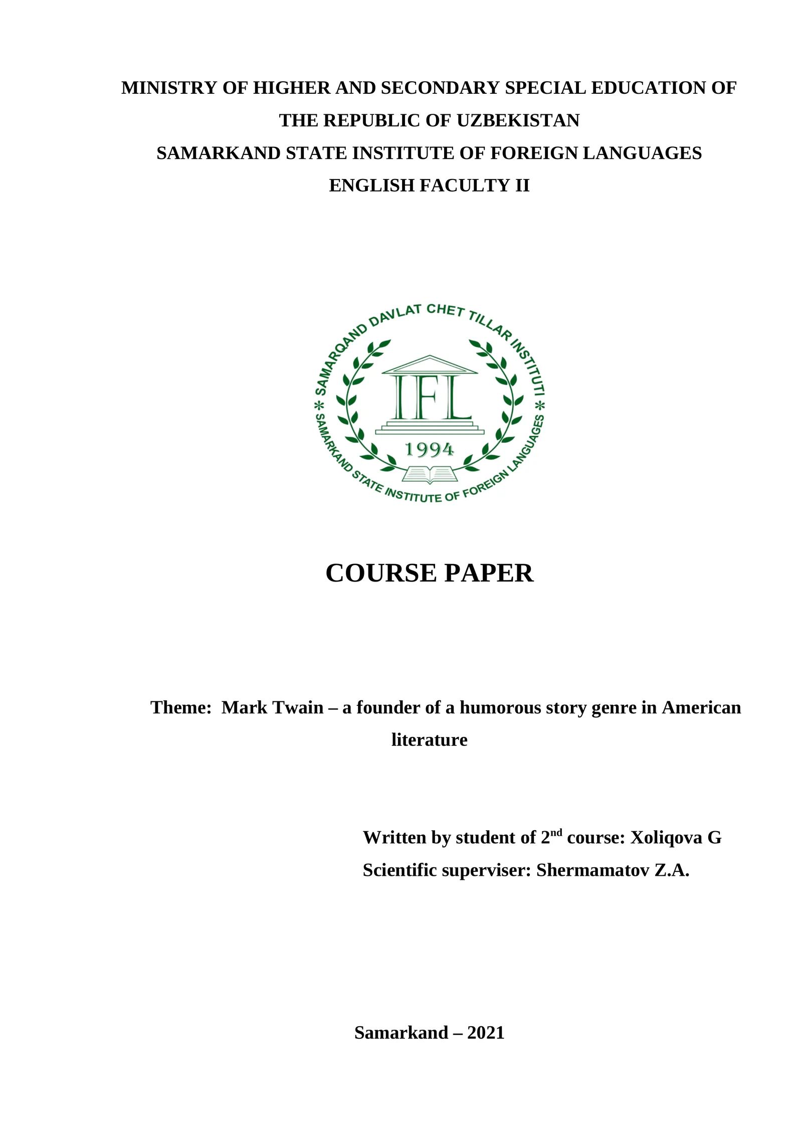 Cours paper on Mark Twain