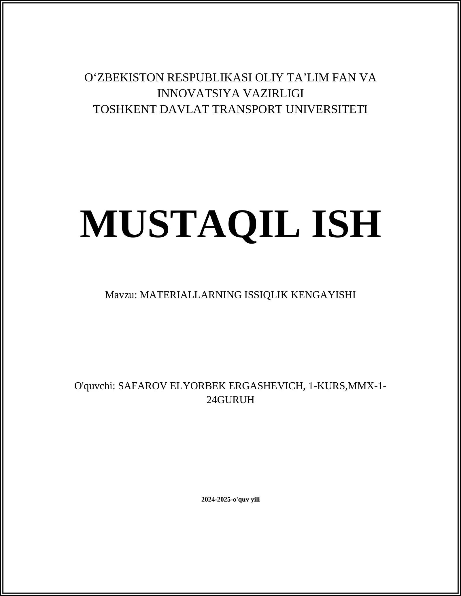MATERIALLARNING ISSIQLIK KENGAYISHI