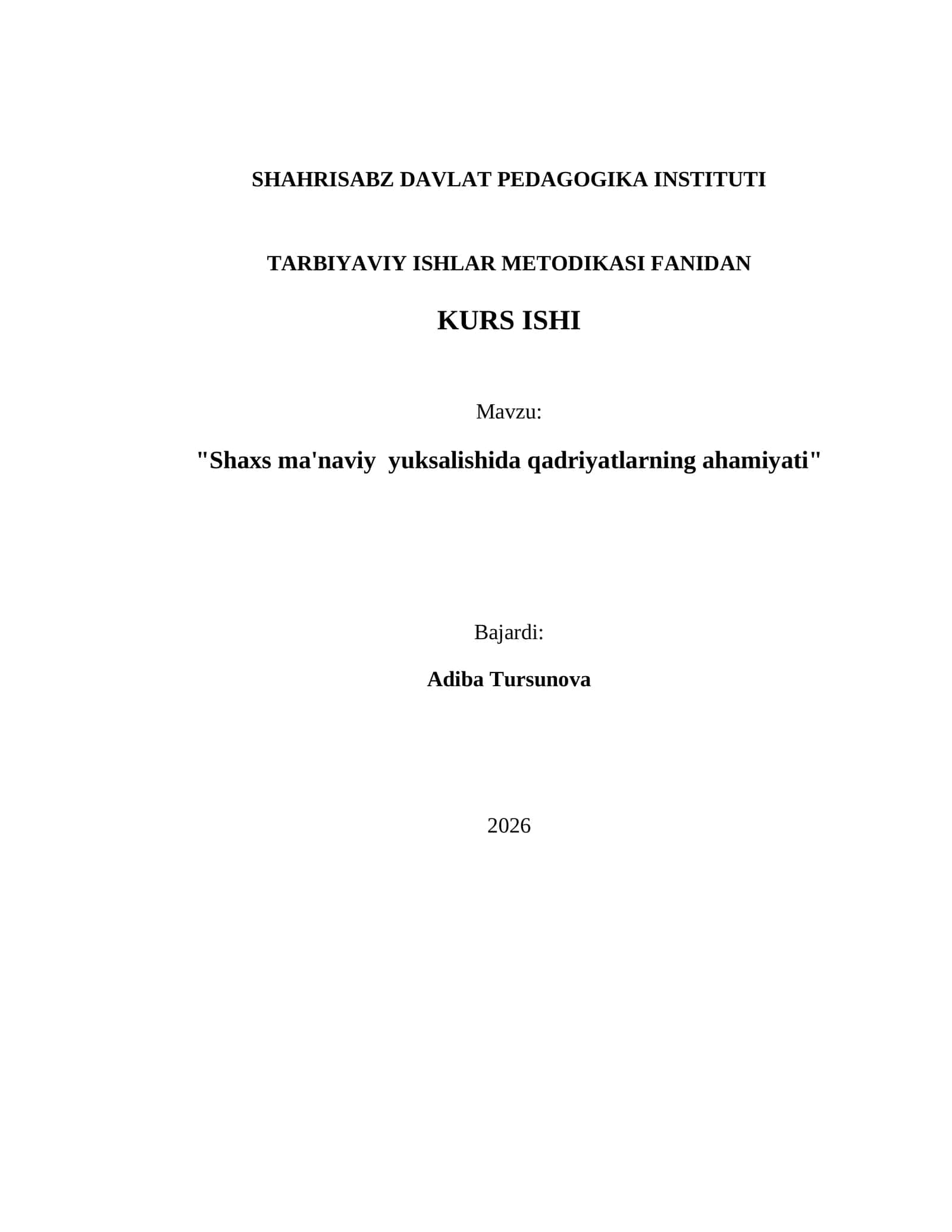 TARBIYAVIY ISHLAR METODIKASI FANIDAN KURS ISHI