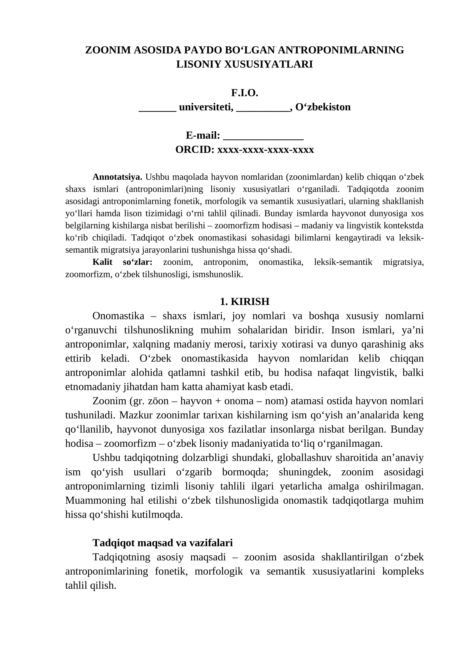 ZOONIM ASOSIDA PAYDO BO‘LGAN ANTROPONIMLARNING LISONIY XUSUSIYATLARI