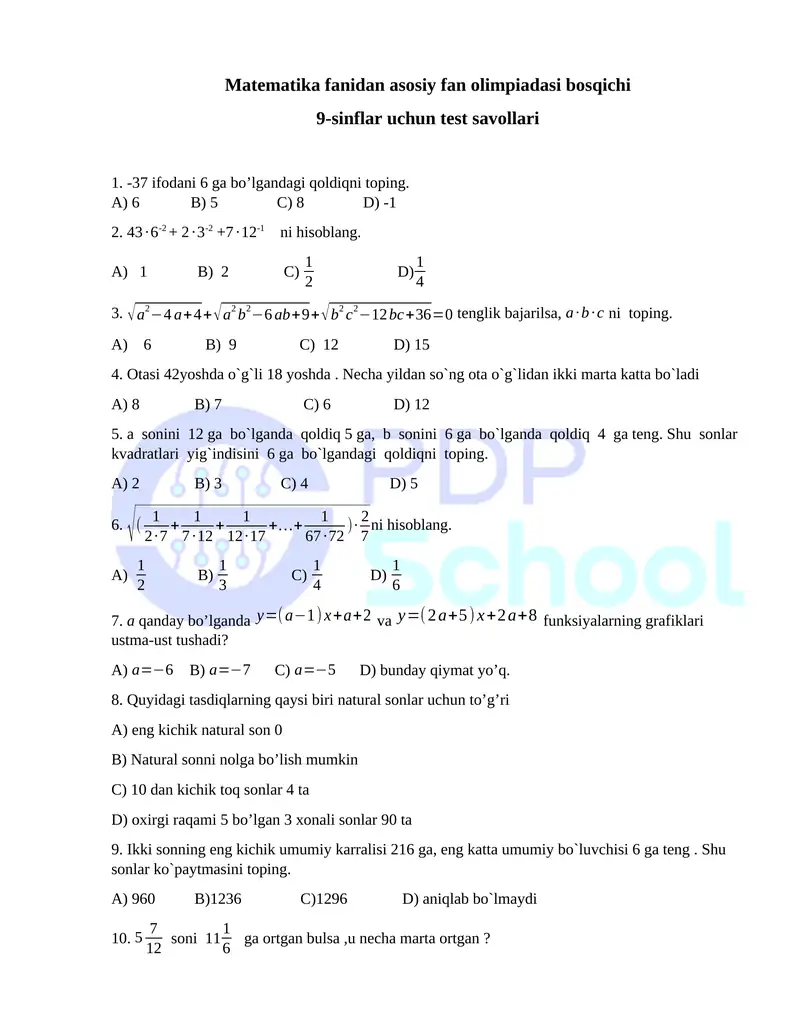 Matematika fanidan asosiy fan olimpiadasi bosqichi 9-sinflar uchun test savollari