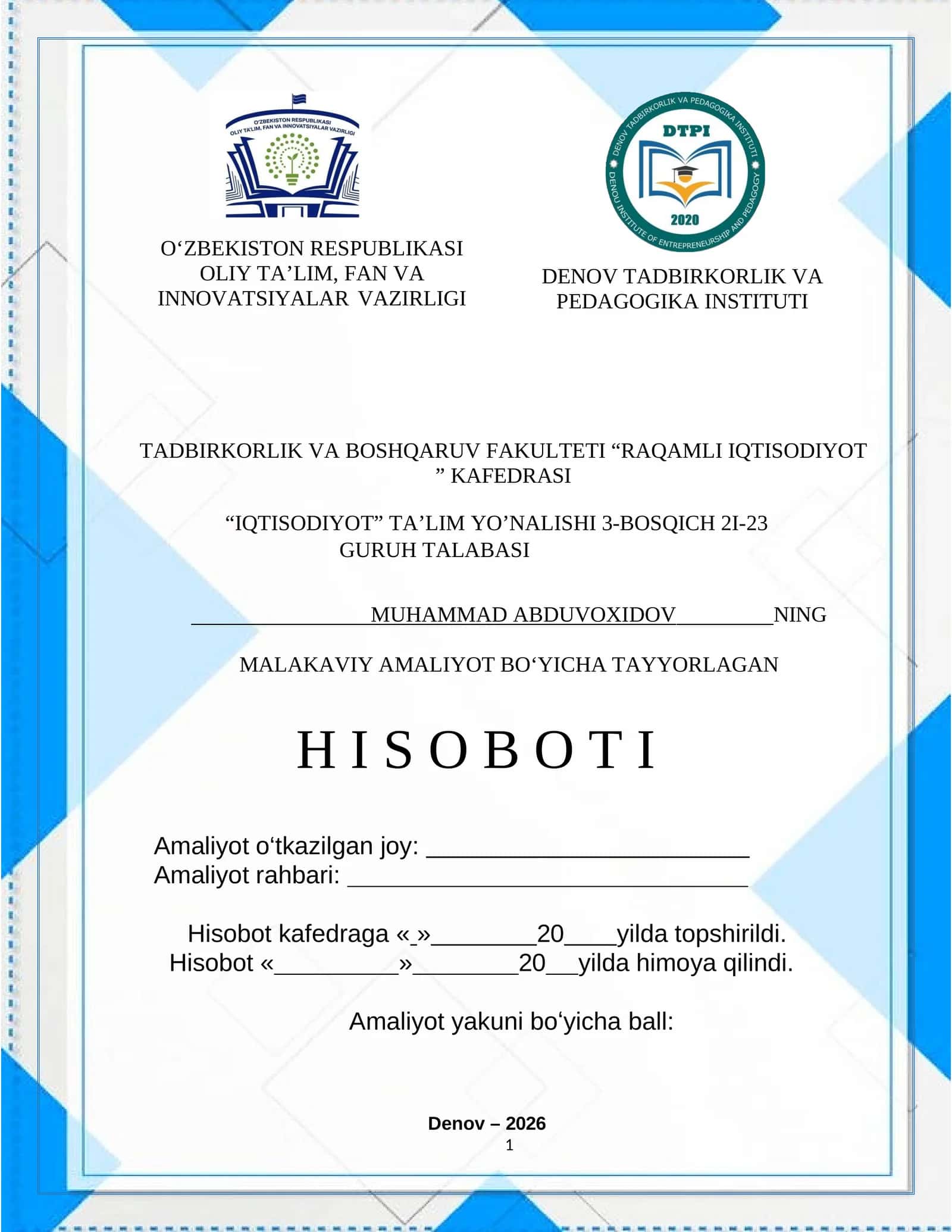 SOLIQ INSPEKSIYASI DENOV TUMAN TASHKILIY-HUQUQIY ASOSLARI VA FAOLIYATI